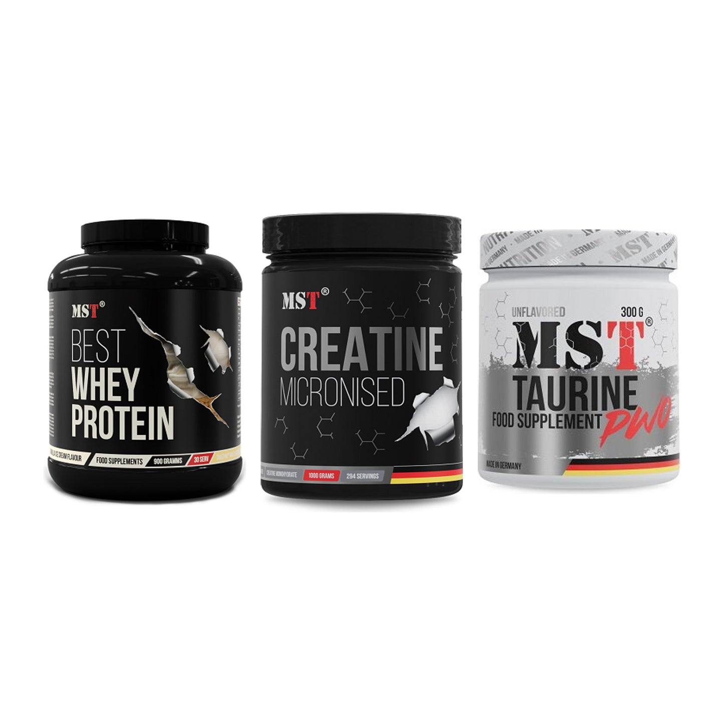 MST Marken-Trio: Best Whey Protein + Creatin Monohydrate + Taurine – alle enthaltenen Artikel