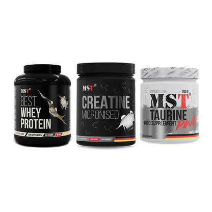 MST Marken-Trio: Best Whey Protein + Creatin Monohydrate + Taurine – alle enthaltenen Artikel