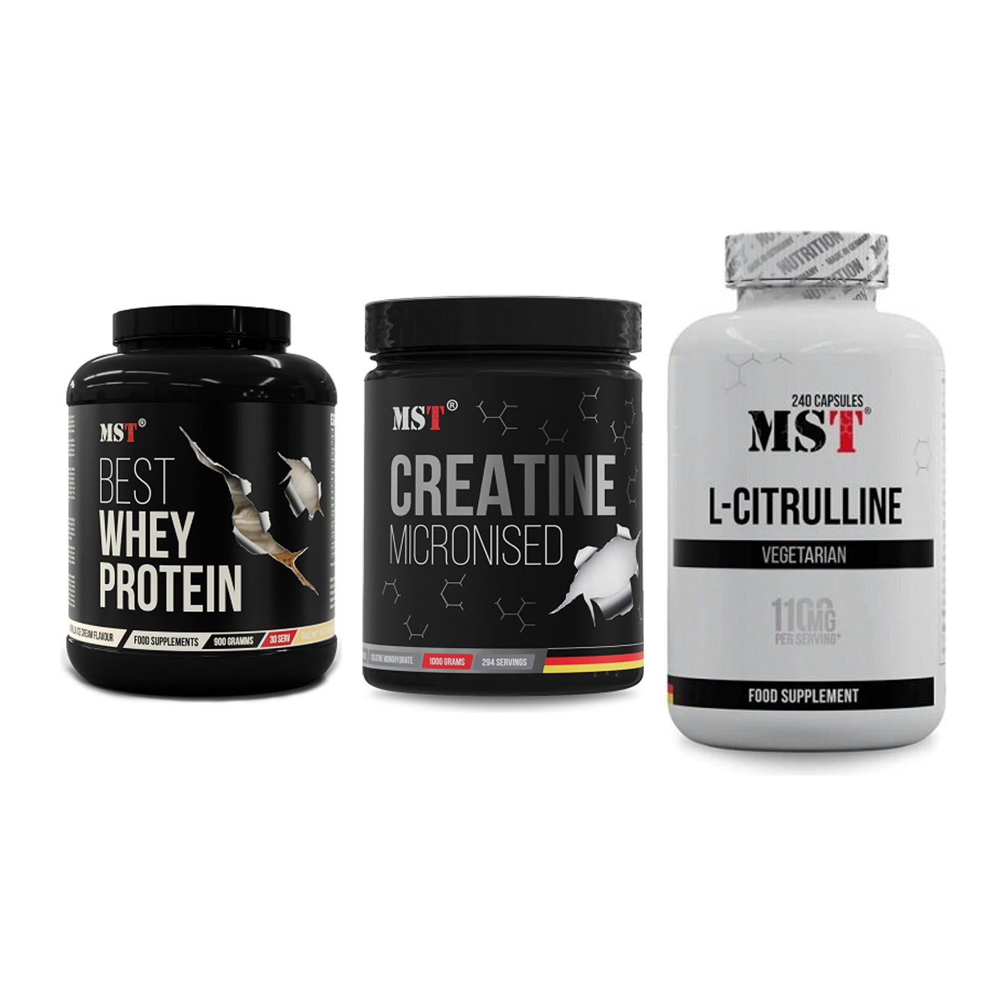 MST Marken-Trio: Best Whey Protein + Creatin Monohydrate + Citrulline – alle enthaltenen Artikel