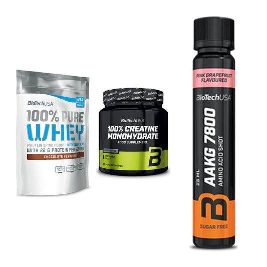 BioTech USA Marken-Trio: 100% Pure + Creatine + AAKG 7800 – alle enthaltenen Artikel