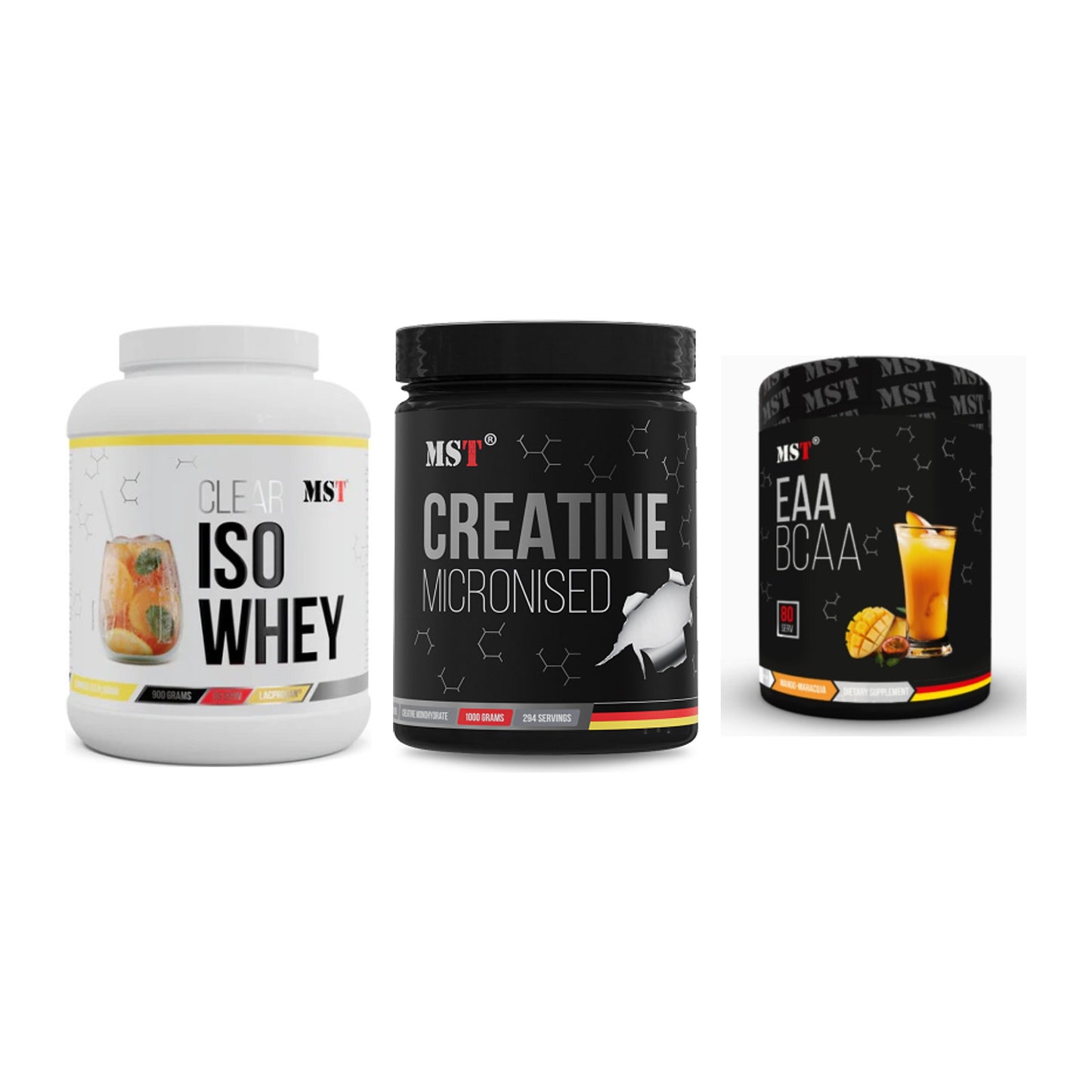 MST Marken-Trio: Iso Clear + Creatin Monohydrate + EAA & BCAA – alle enthaltenen Artikel