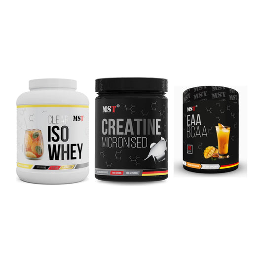 MST Marken-Trio: Iso Clear + Creatin Monohydrate + EAA & BCAA – alle enthaltenen Artikel
