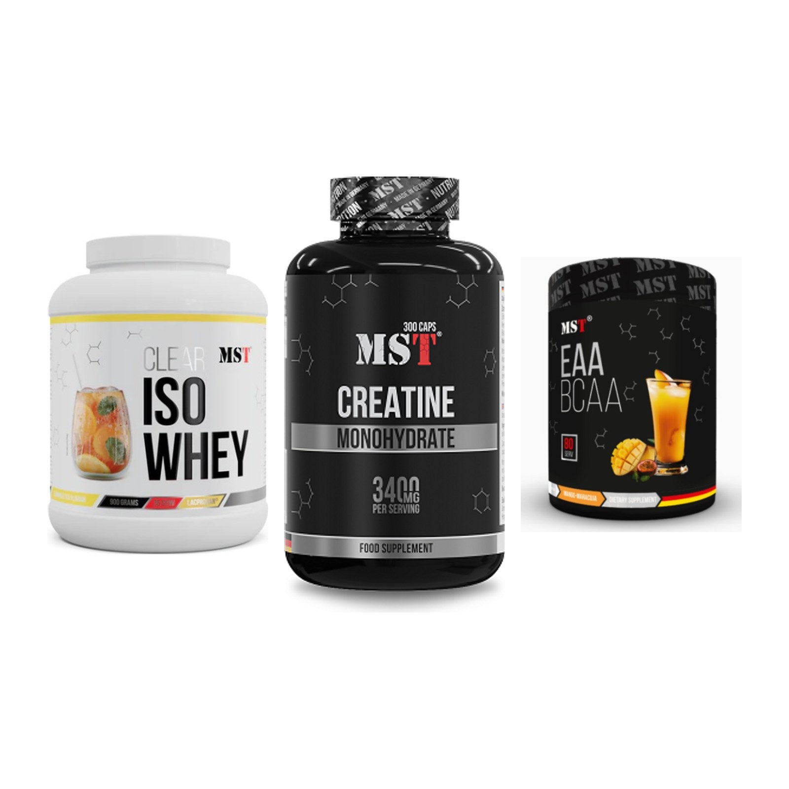 MST Marken-Trio: Iso Clear + Creatine Monohydrate + EAA & BCAA – alle enthaltenen Artikel