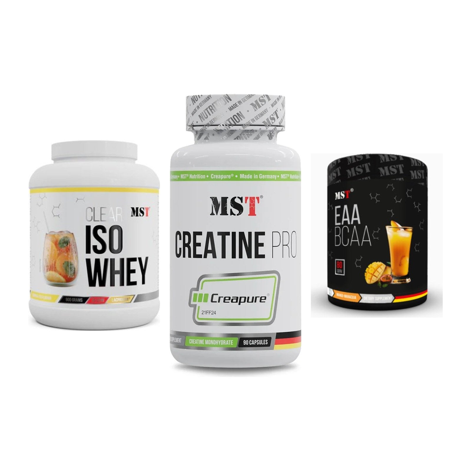 MST Marken-Trio: Iso Clear 900g + Creatine Pro + EAA & BCAA – alle enthaltenen Artikel