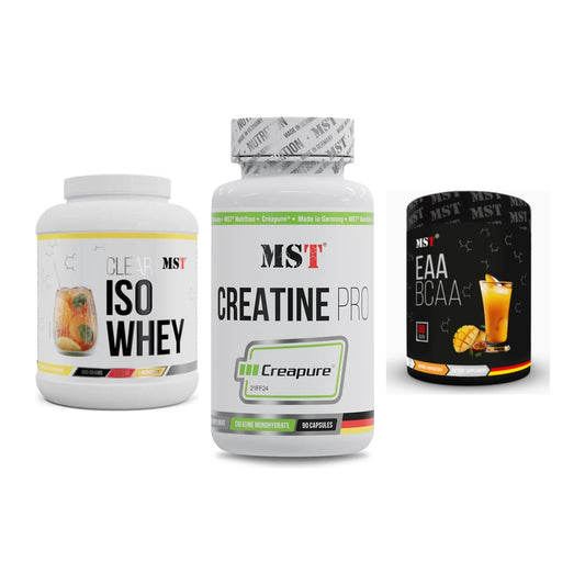 MST Marken-Trio: Iso Clear 900g + Creatine Pro + EAA & BCAA – alle enthaltenen Artikel