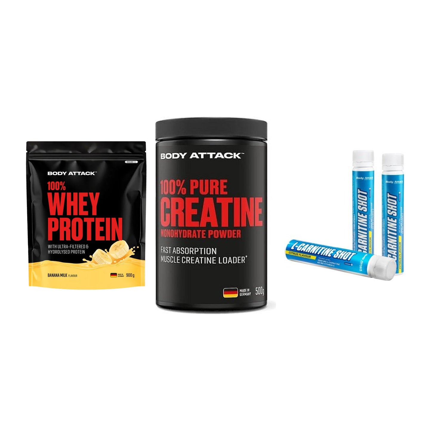 Body Attack Marken-Trio: Attack 100% Whey Protein 900g + 2 weitere – alle enthaltenen Artikel