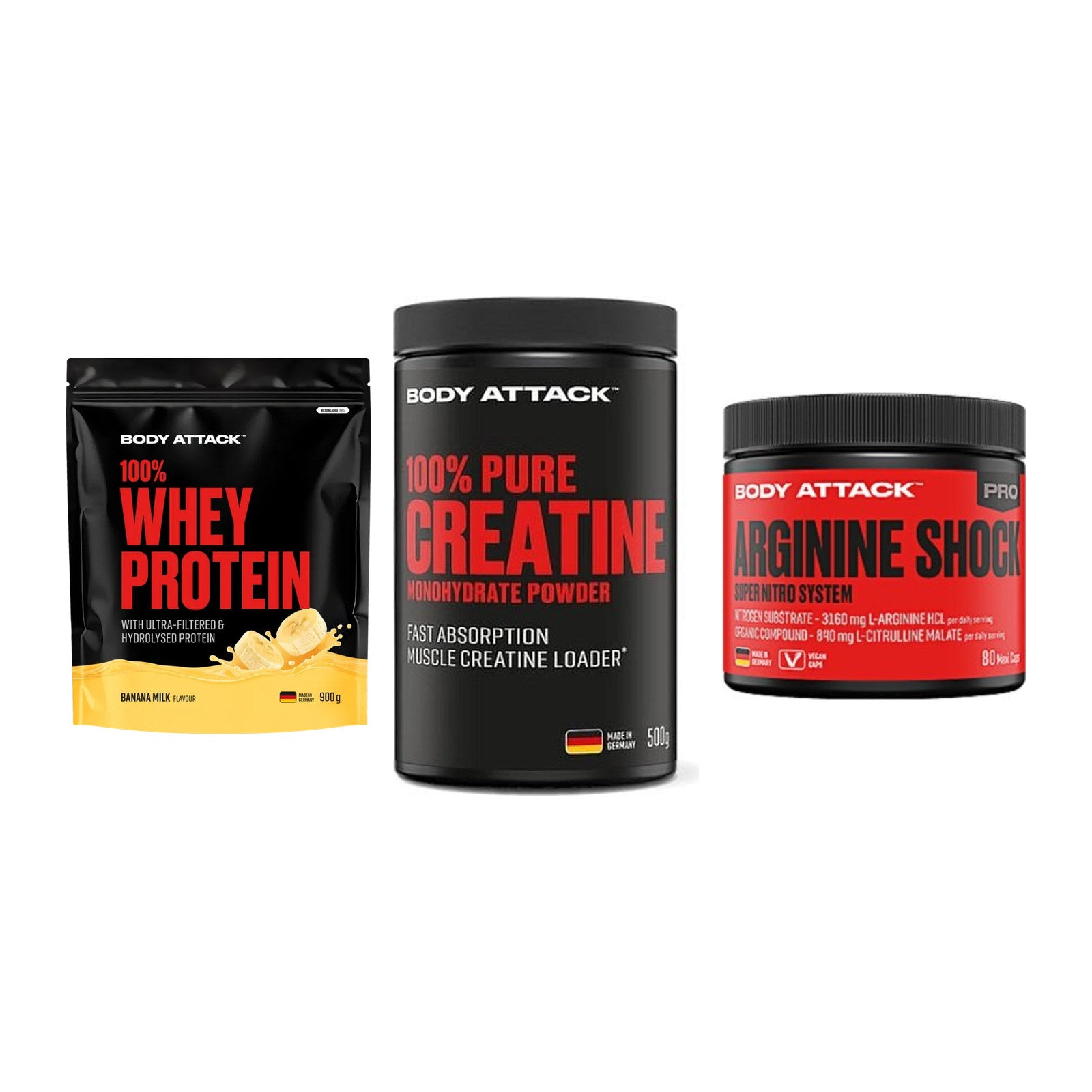 Body Attack Marken-Trio: Attack 100% Whey Protein + 2 weitere – alle enthaltenen Artikel