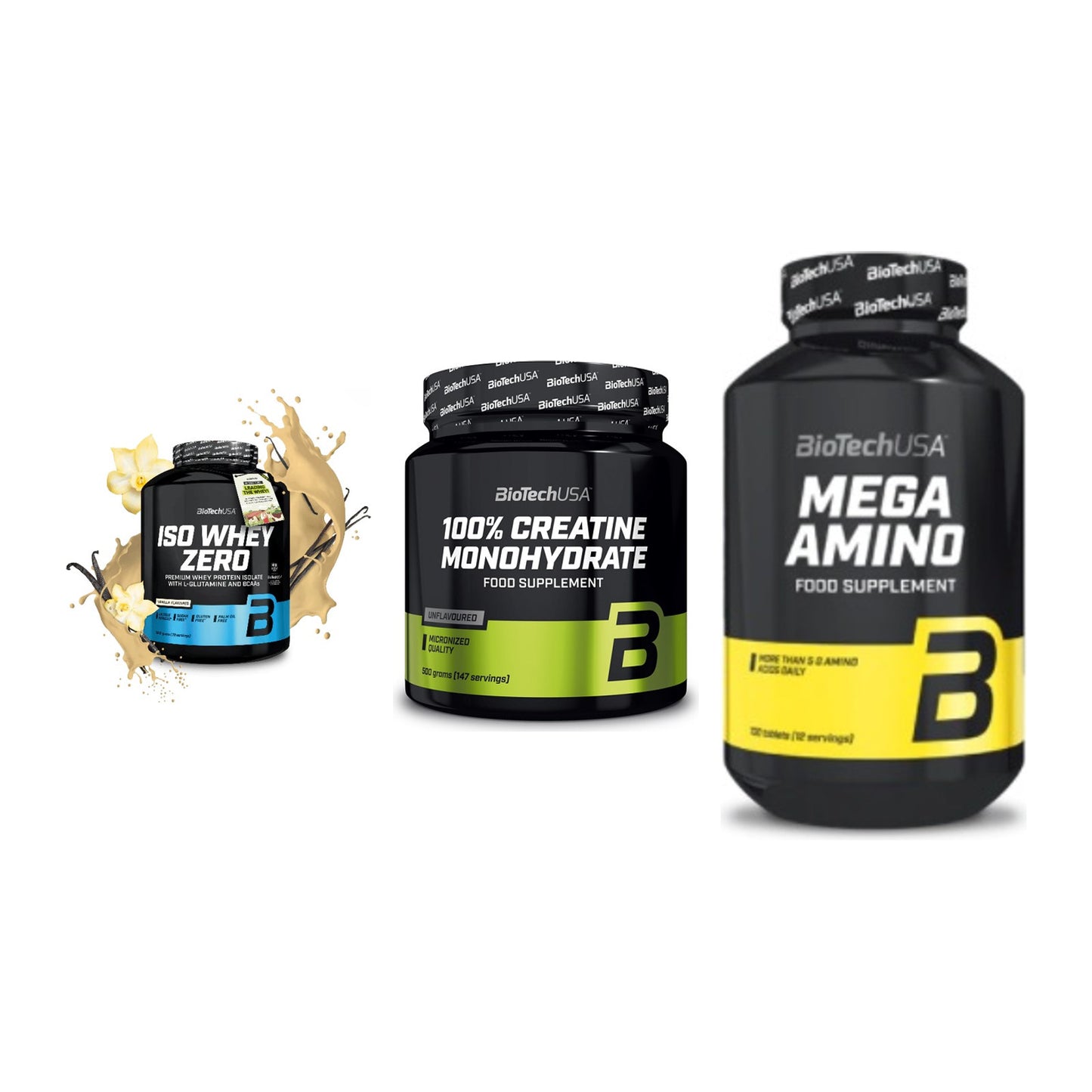 BioTech USA Marken-Trio: Iso Whey Zero + Creatine + Mega Amino – alle enthaltenen Artikel