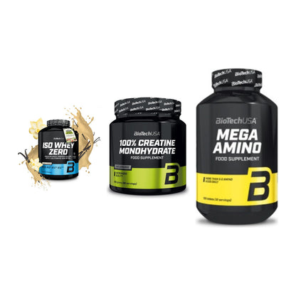 BioTech USA Marken-Trio: Iso Whey Zero + Creatine + Mega Amino – alle enthaltenen Artikel
