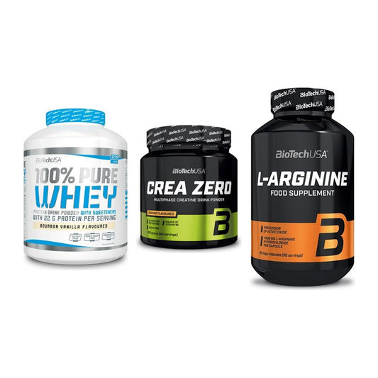 BioTech USA Marken-Trio: 100% Pure + Crea Zero + L-Arginine – alle enthaltenen Artikel