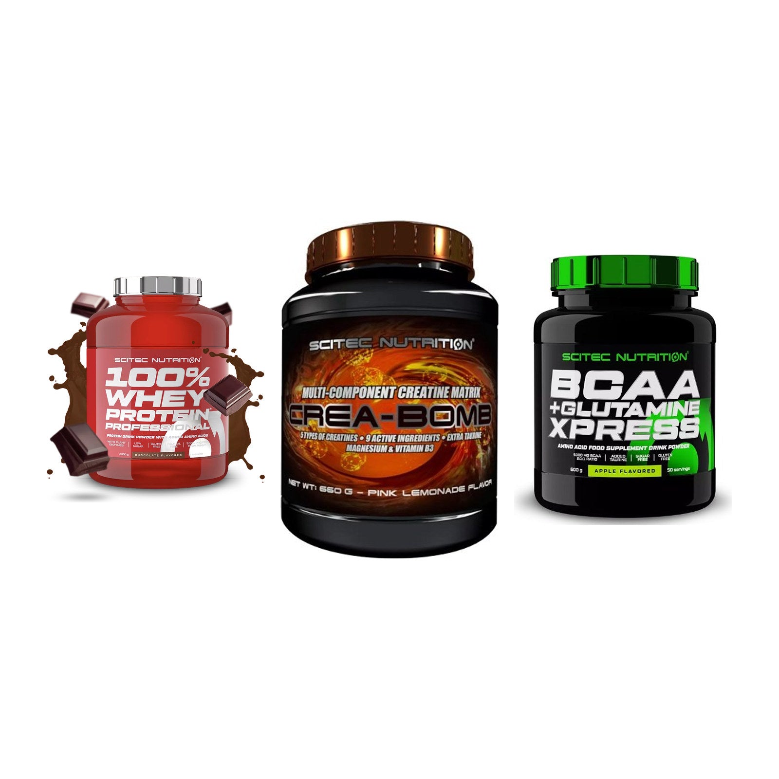 Scitec Nutrition Marken-Trio: 100% Whey + Crea-Bomb + 1 weitere – alle enthaltenen Artikel