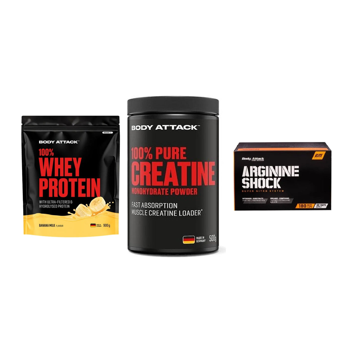 Body Attack Marken-Trio: Attack 100% Whey Protein + 2 weitere – alle enthaltenen Artikel