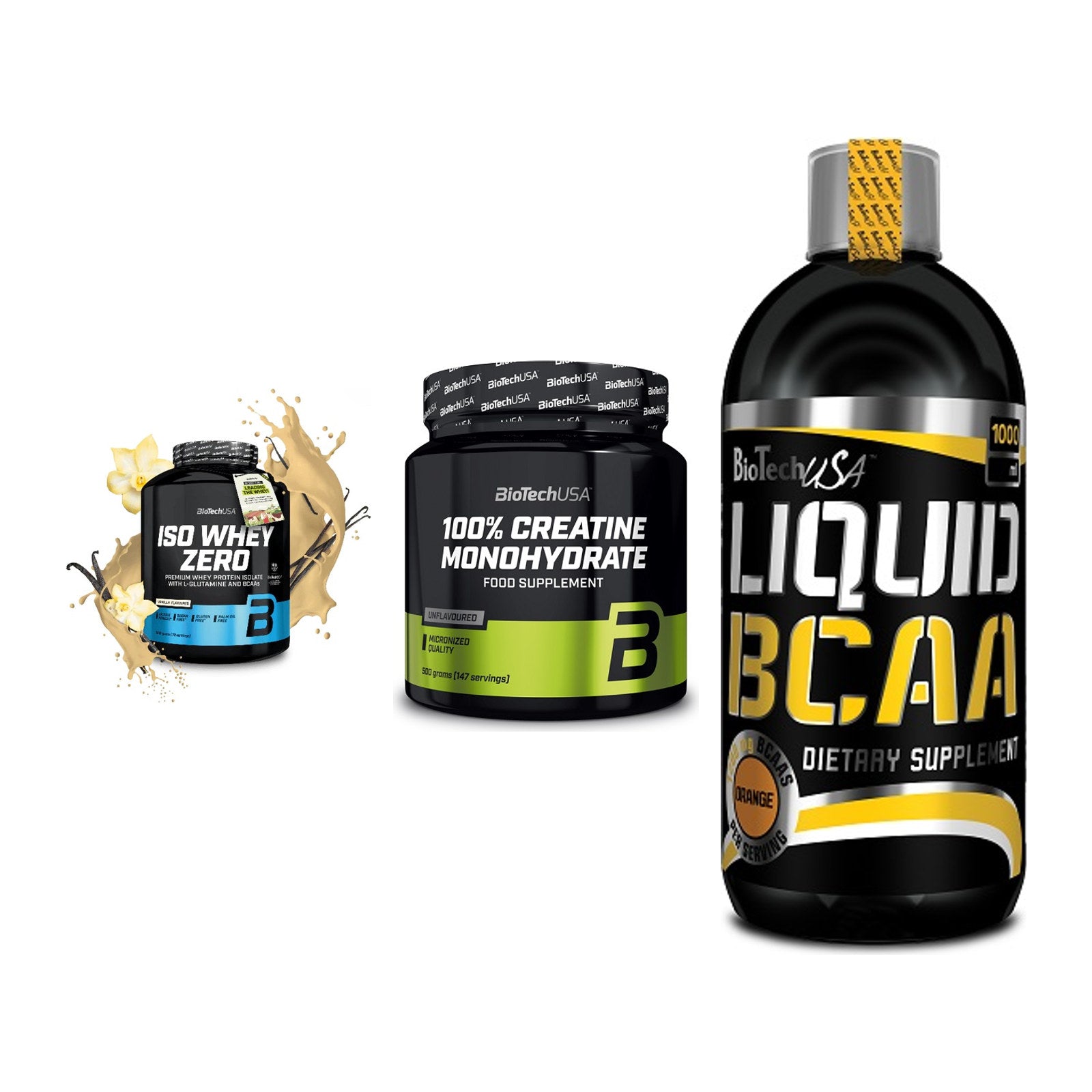 BioTech USA Marken-Trio: Iso Whey Zero + Creatine + Liquid BCAA – alle enthaltenen Artikel