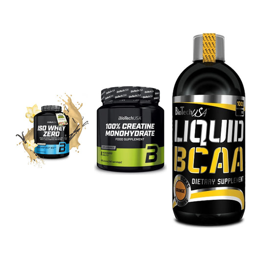 BioTech USA Marken-Trio: Iso Whey Zero + Creatine + Liquid BCAA – alle enthaltenen Artikel
