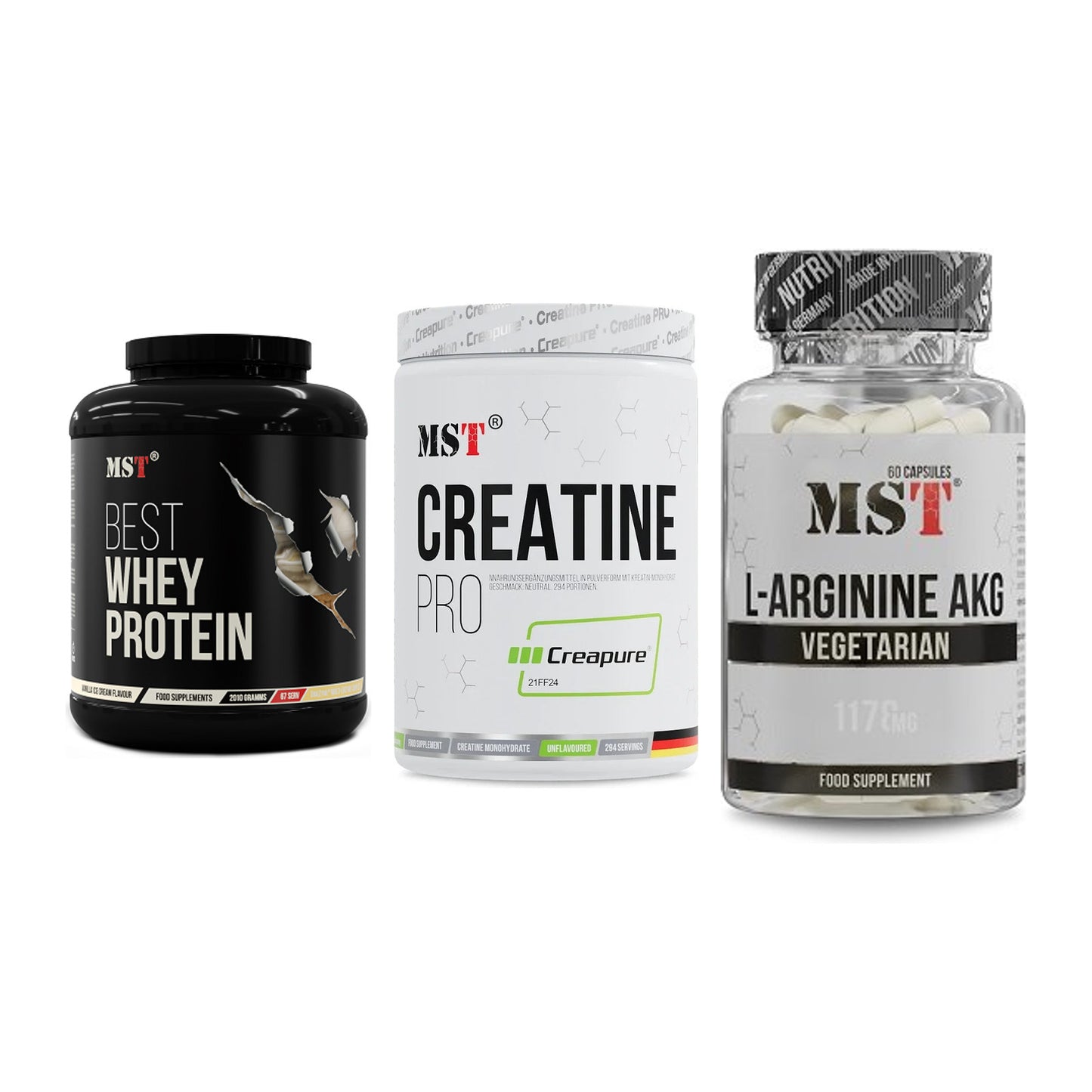 MST Marken-Trio: Best Whey + Creatin Pro + Arginin AAKG – alle enthaltenen Artikel