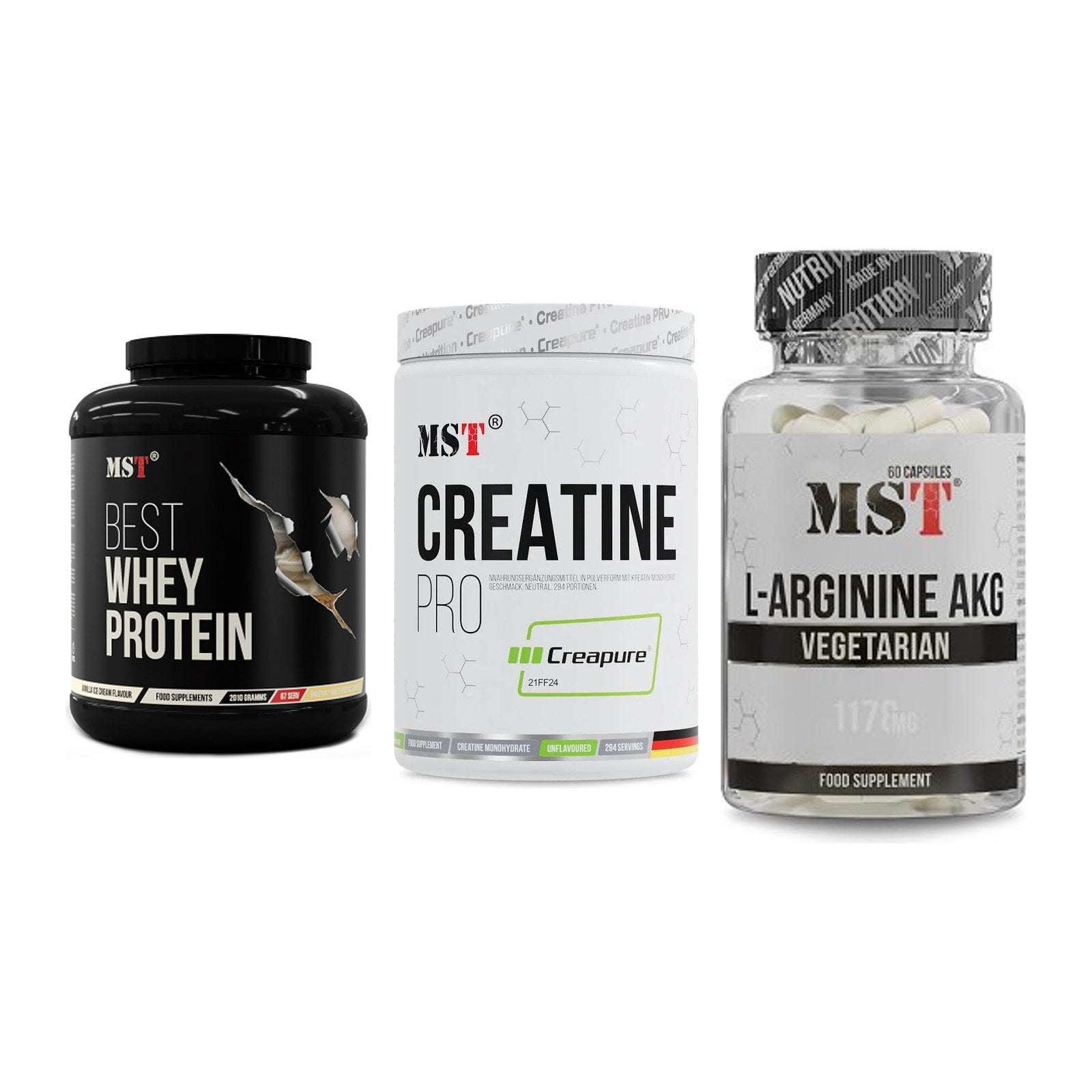 MST Marken-Trio: Best Whey + Creatin Pro + Arginin AAKG – alle enthaltenen Artikel