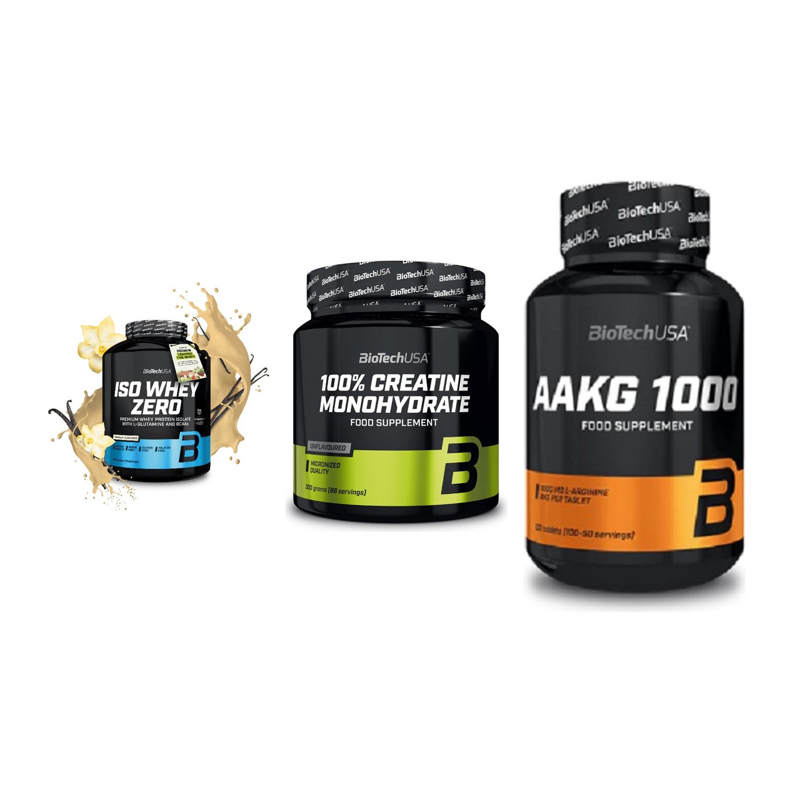 BioTech USA Marken-Trio: Iso Whey Zero + Creatine + AAKG 1000mg – alle enthaltenen Artikel