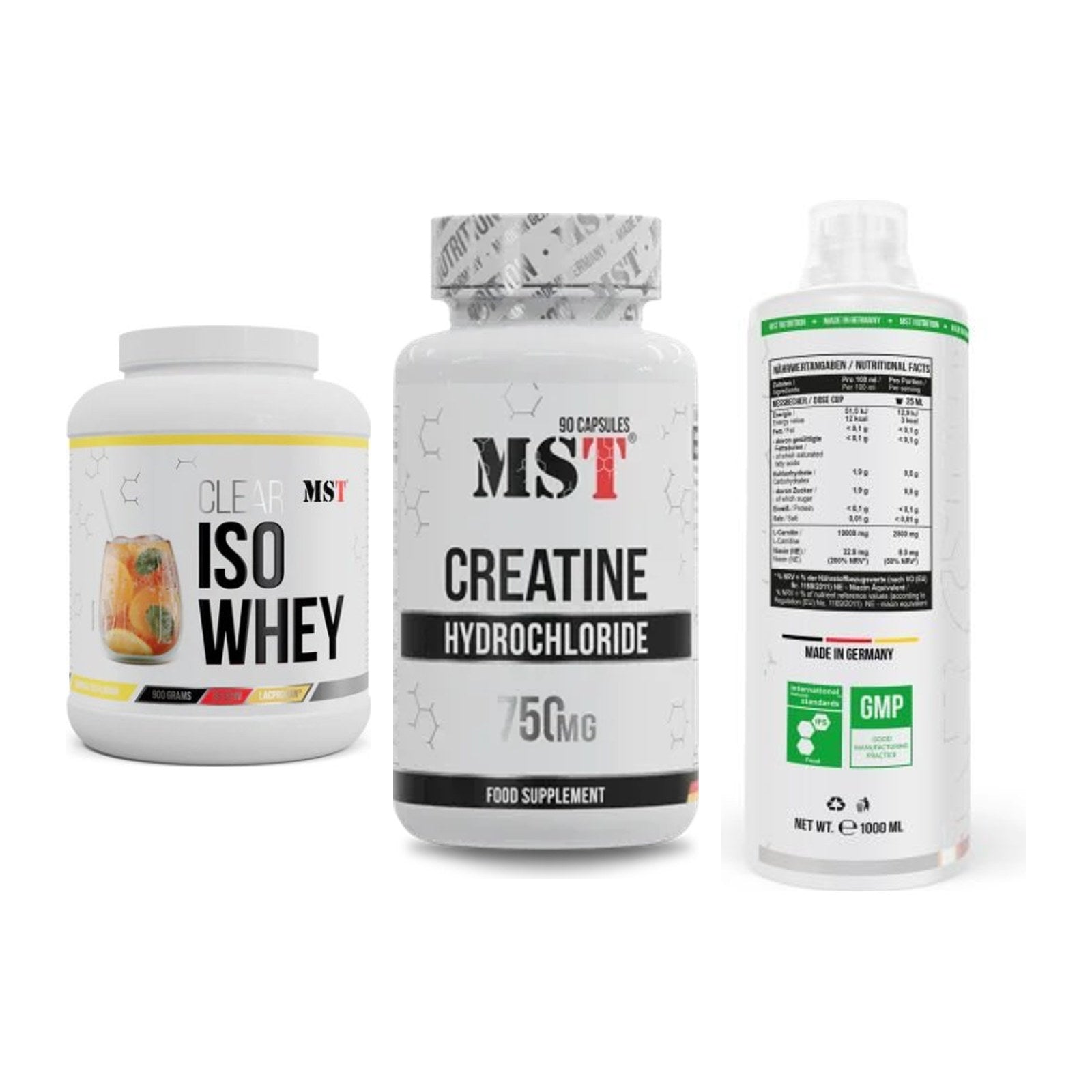 MST Marken-Trio: Iso Clear 900g + Creatin HCL + L-Carnitine – alle enthaltenen Artikel