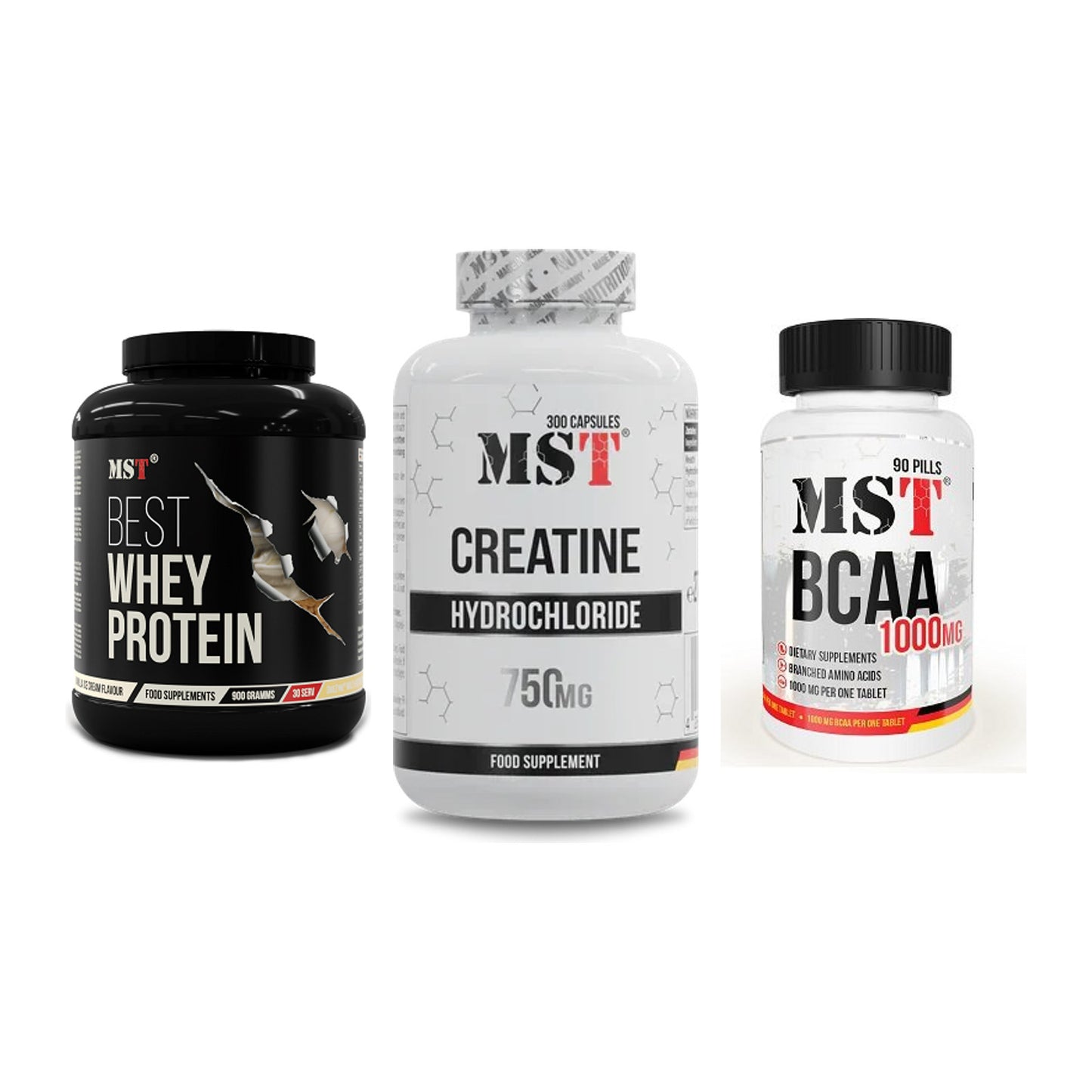 MST Marken-Trio: Best Whey + Creatine HCL + BCAA 1000 (90 – alle enthaltenen Artikel