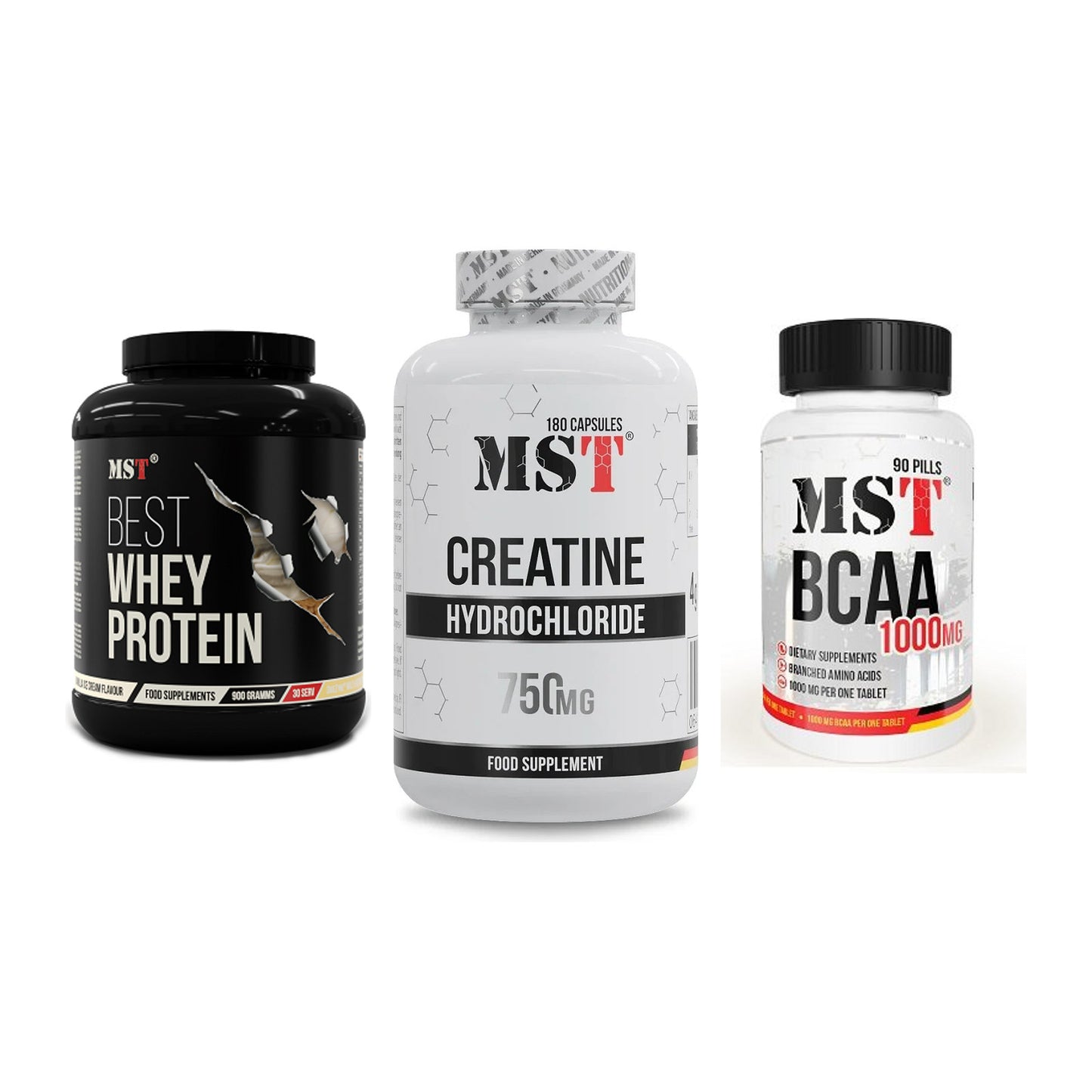 MST Marken-Trio: Best Whey + Creatine HCL + BCAA 1000 (90 – alle enthaltenen Artikel