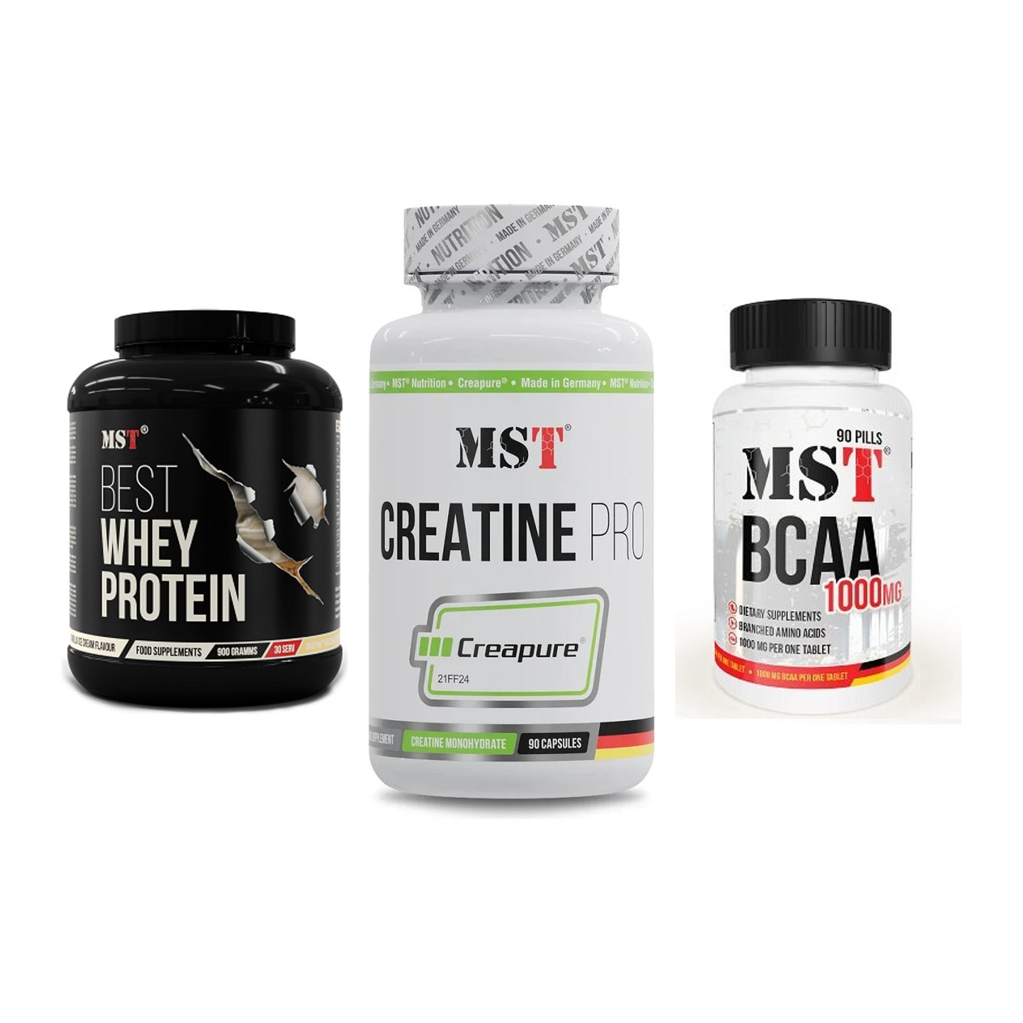 MST Marken-Trio: Best Whey + Creatine Pro + BCAA 1000 (90 – alle enthaltenen Artikel
