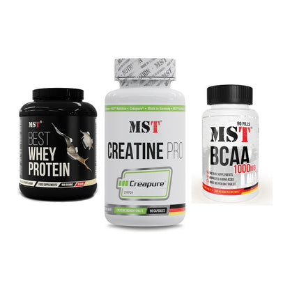 MST Marken-Trio: Best Whey + Creatine Pro + BCAA 1000 (90 – alle enthaltenen Artikel