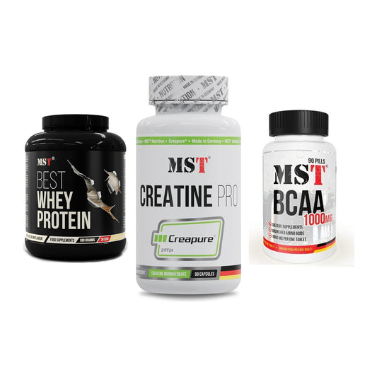 MST Marken-Trio: Best Whey + Creatine Pro + BCAA 1000 (90 – alle enthaltenen Artikel