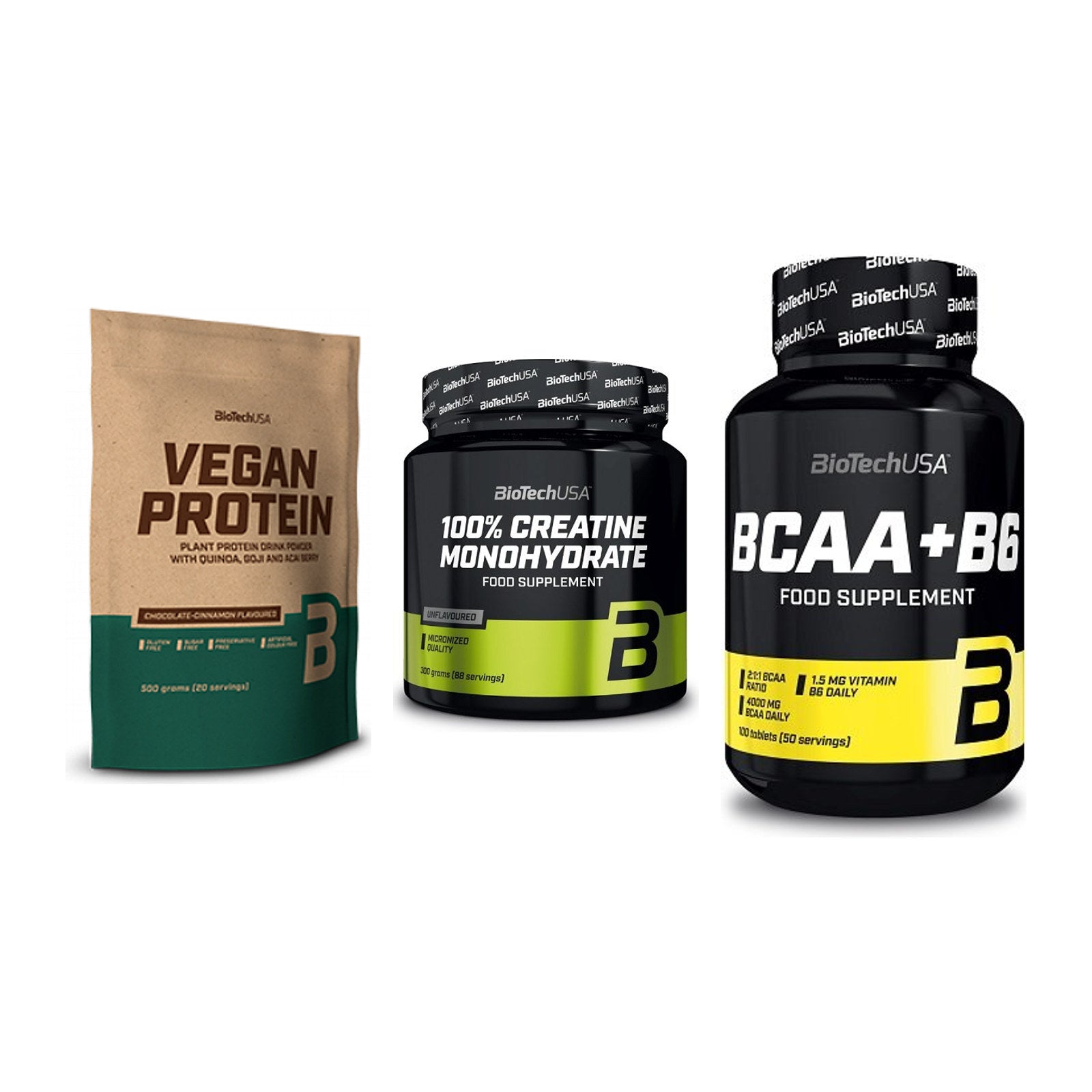 BioTech USA Marken-Trio: Vegan Protein + Creatine + BCAA+B6 100 – alle enthaltenen Artikel