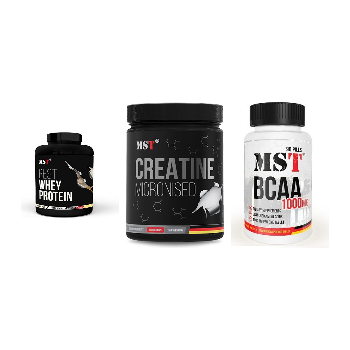 MST Marken-Trio: Best Whey + Creatin Monohyd + BCAA 1000 (90 – alle enthaltenen Artikel