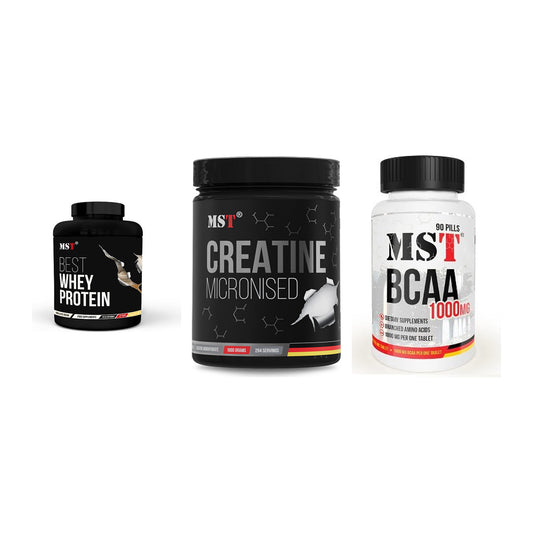 MST Marken-Trio: Best Whey + Creatin Monohyd + BCAA 1000 (90 – alle enthaltenen Artikel