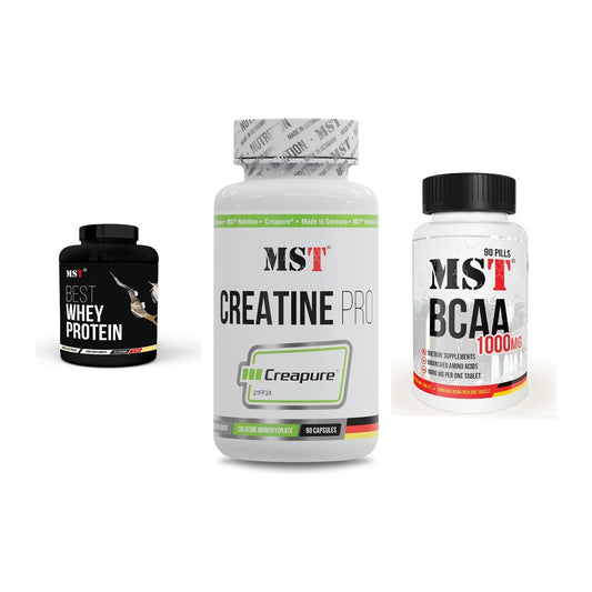 MST Marken-Trio: Best Whey + Creatine Pro + BCAA 1000 (90 – alle enthaltenen Artikel