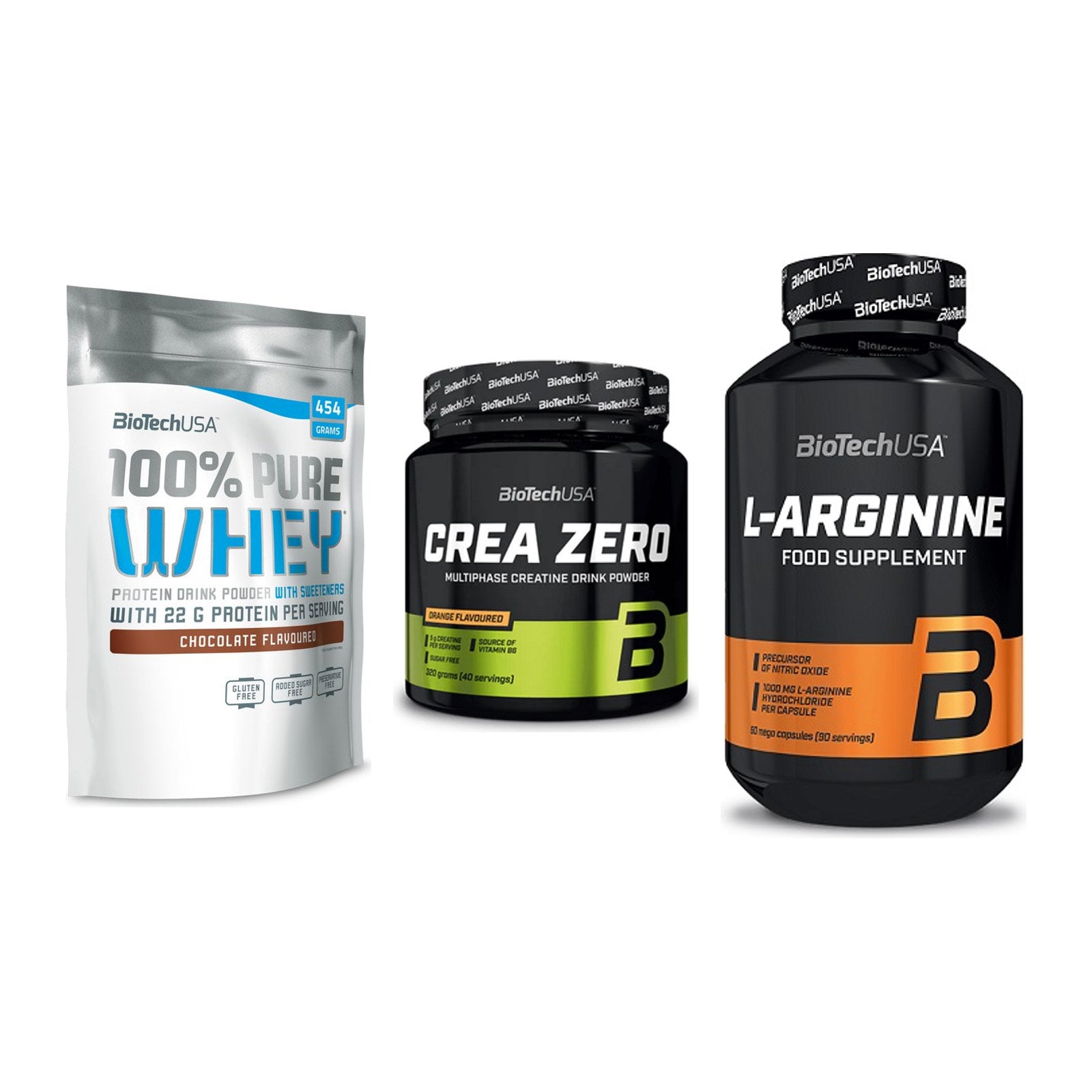 BioTech USA Marken-Trio: 100% Pure Whey + Crea Zero + L-Arginine – alle enthaltenen Artikel