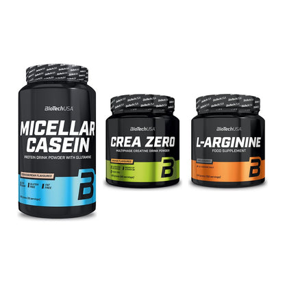 BioTech USA Marken-Trio: Micellar Casein + Crea Zero + L-Arginin – alle enthaltenen Artikel