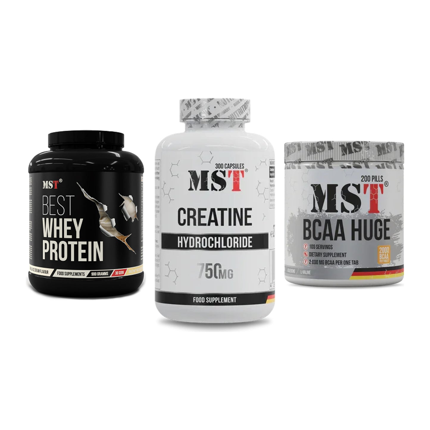 MST Marken-Trio: Best Whey + Creatine HCL + BCAA Huge 200 – alle enthaltenen Artikel