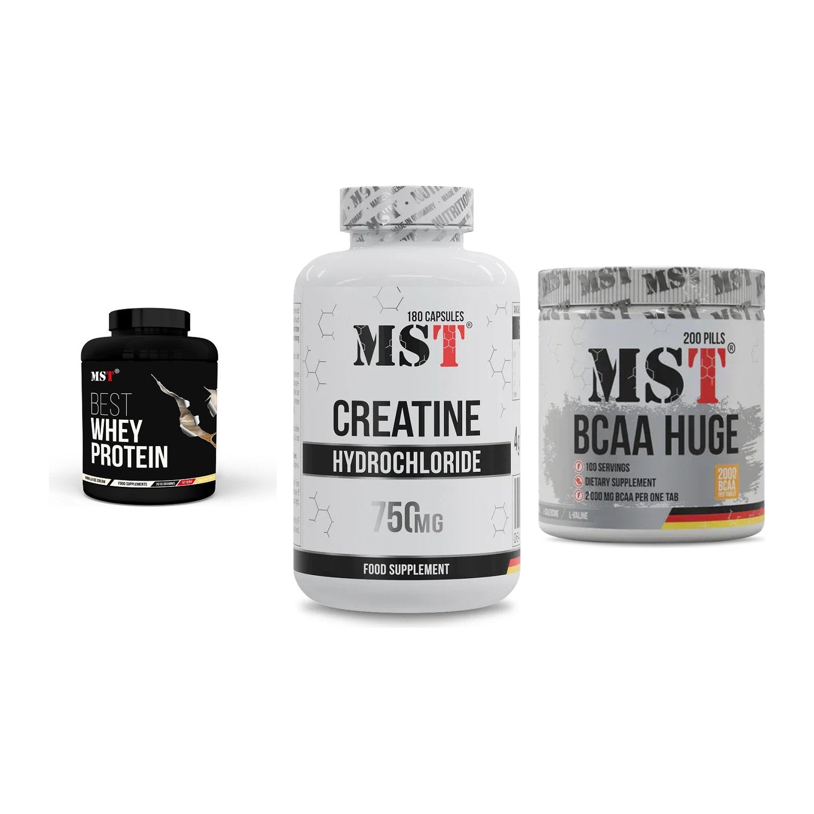 MST Marken-Trio: Best Whey + Creatine HCL + BCAA Huge 200 – alle enthaltenen Artikel