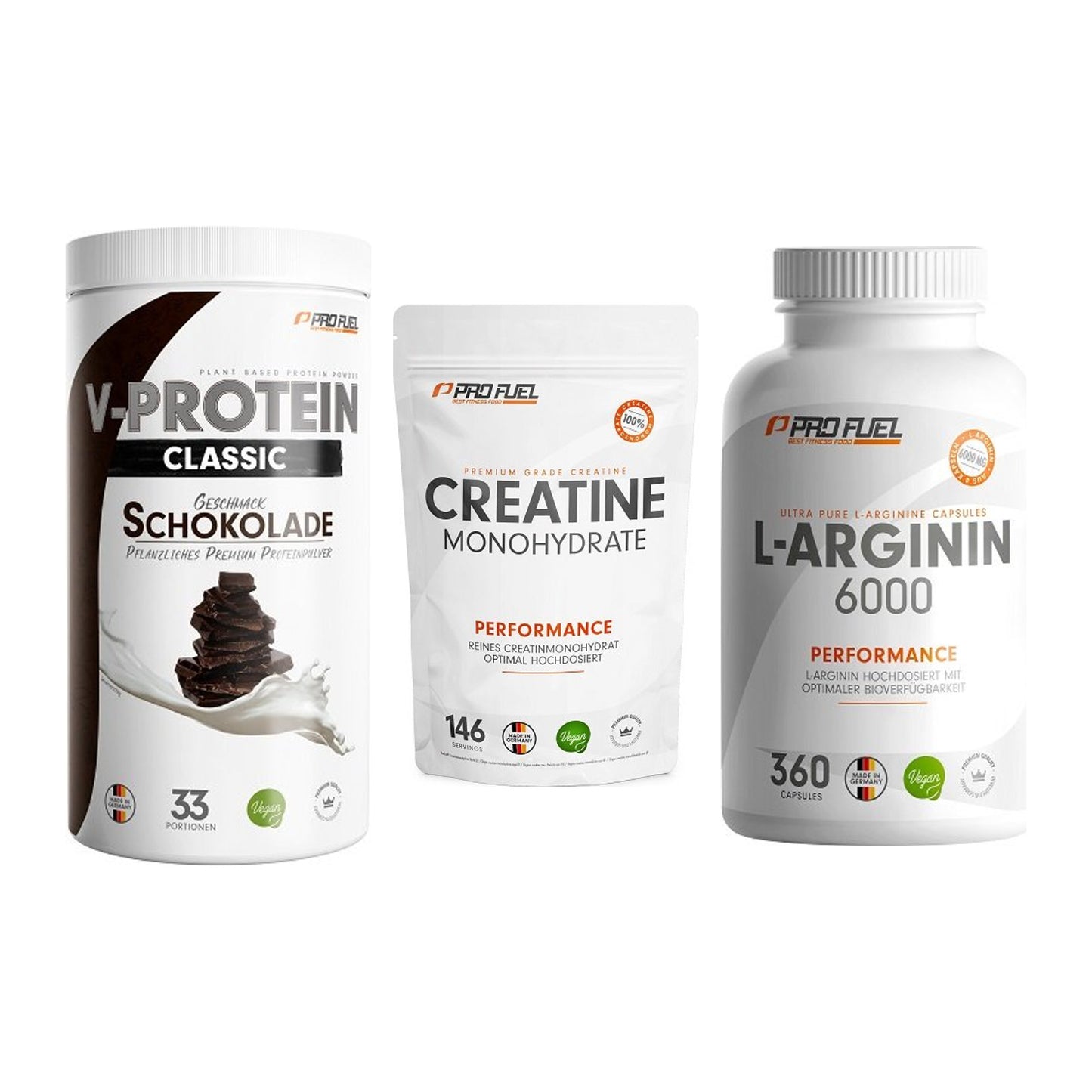 ProFuel Marken-Trio: VEGAN PROTEIN + Creatine + L-Arginin 6000 – alle enthaltenen Artikel