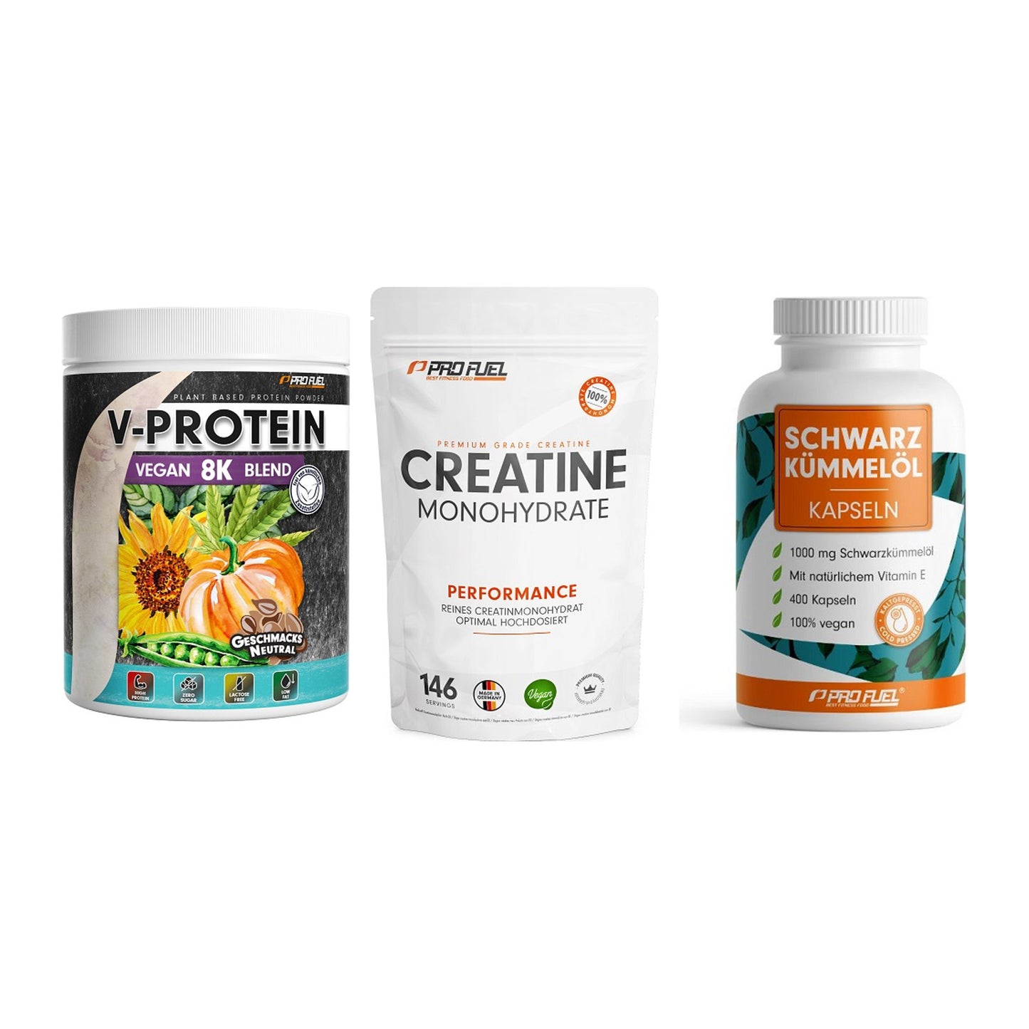 ProFuel Marken-Trio: V-Protein + Creatine + Schwarzkümmelö – alle enthaltenen Artikel