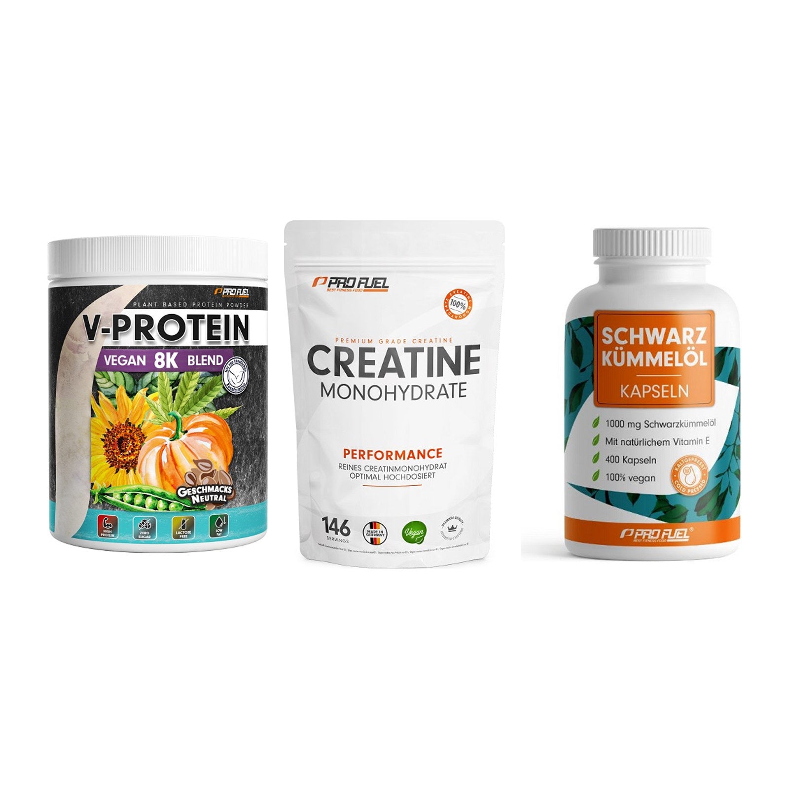 ProFuel Marken-Trio: V-Protein + Creatine + Schwarzkümmelö – alle enthaltenen Artikel