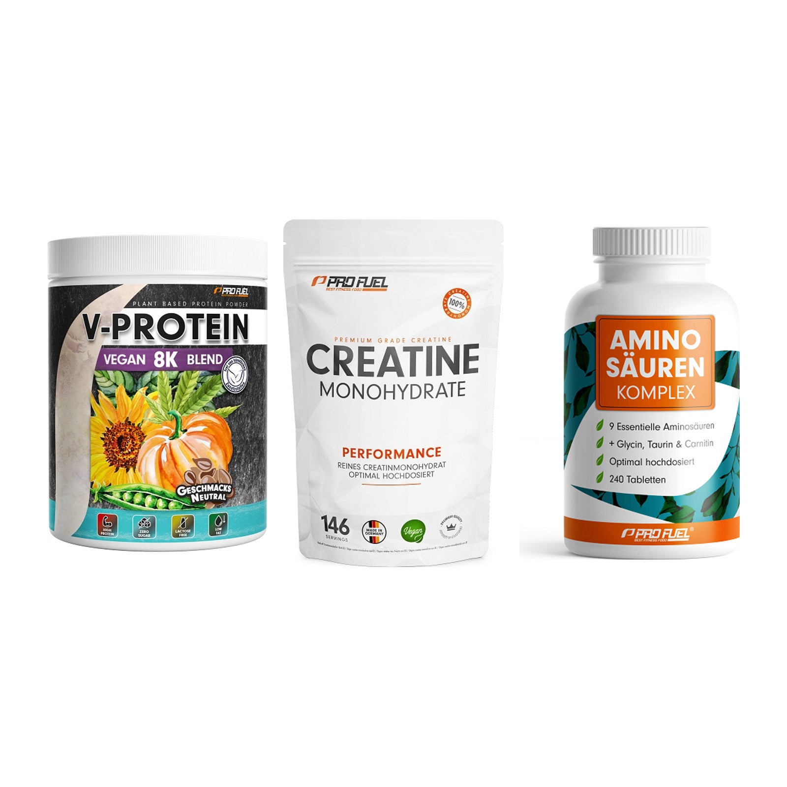 ProFuel Marken-Trio: V-Protein + Creatine + Aminosäuren – alle enthaltenen Artikel