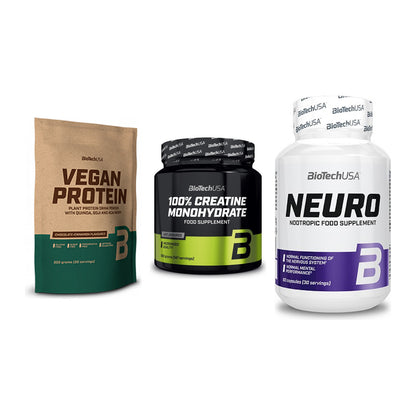 BioTech USA Marken-Trio: Vegan Protein + Creatine Monohydrate + Neuro – alle enthaltenen Artikel