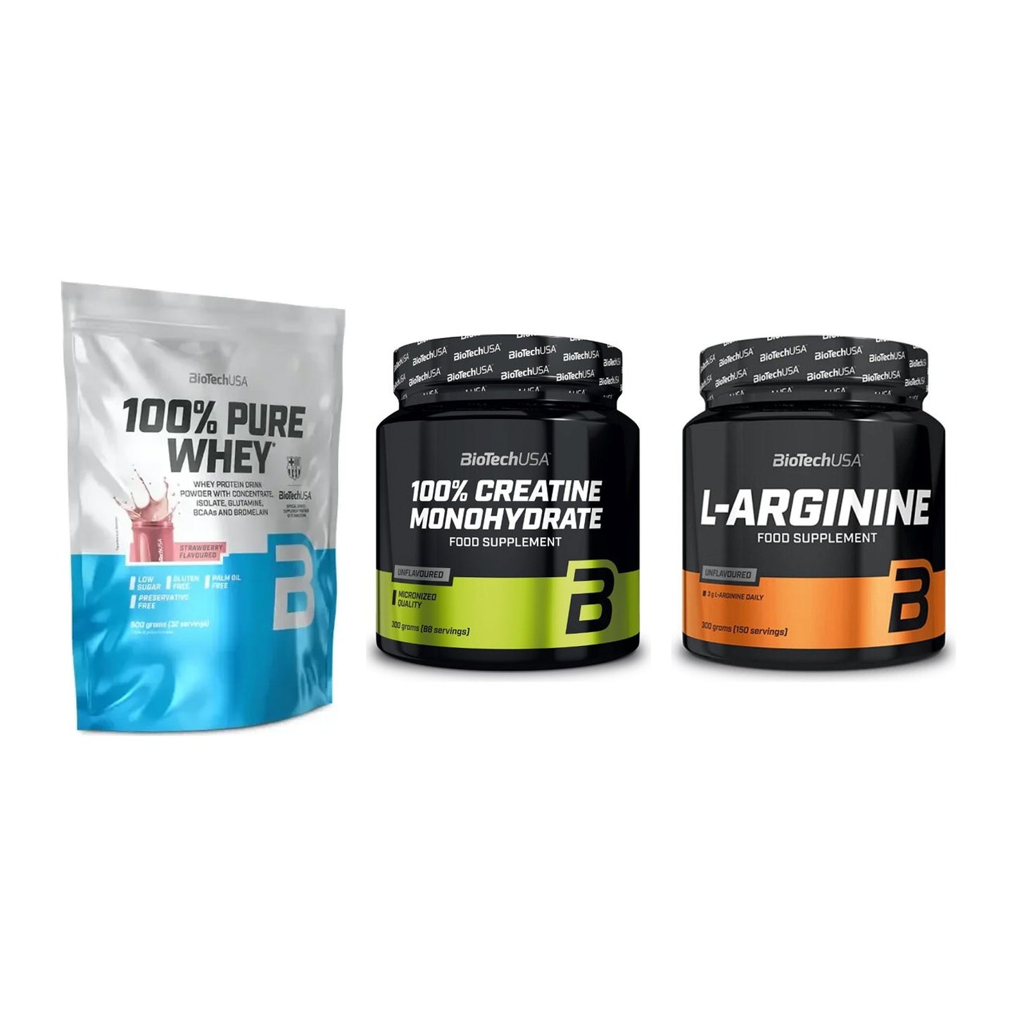 BioTech USA Marken-Trio: 100% Pure + Creatine + L-Arginin – alle enthaltenen Artikel