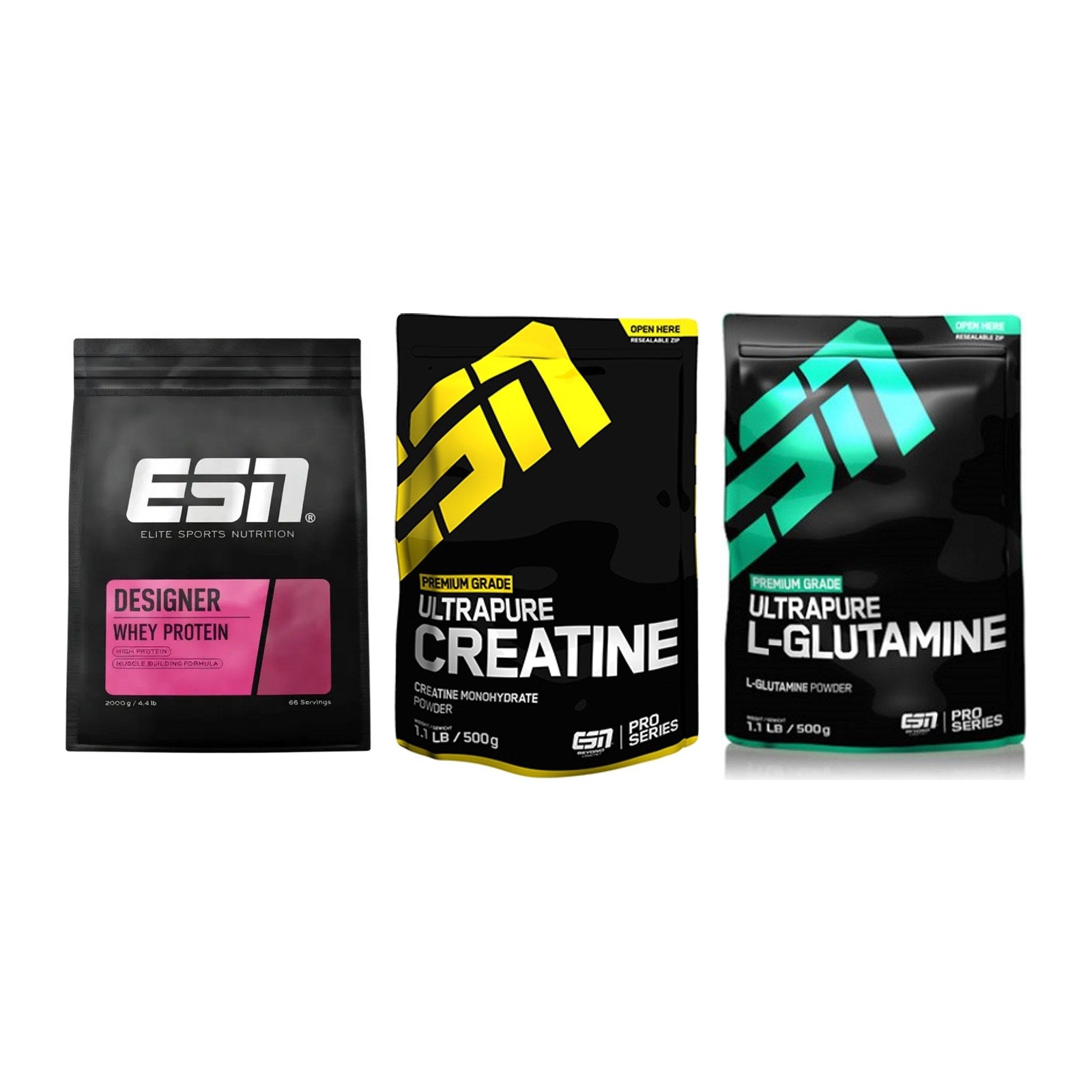 ESN Marken-Trio: Designer Whey + Ultrapure Creatine + 1 weitere – alle enthaltenen Artikel