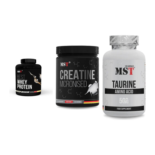 MST Marken-Trio: Best Whey Protein + Creatin Monohydrate + Taurine – alle enthaltenen Artikel