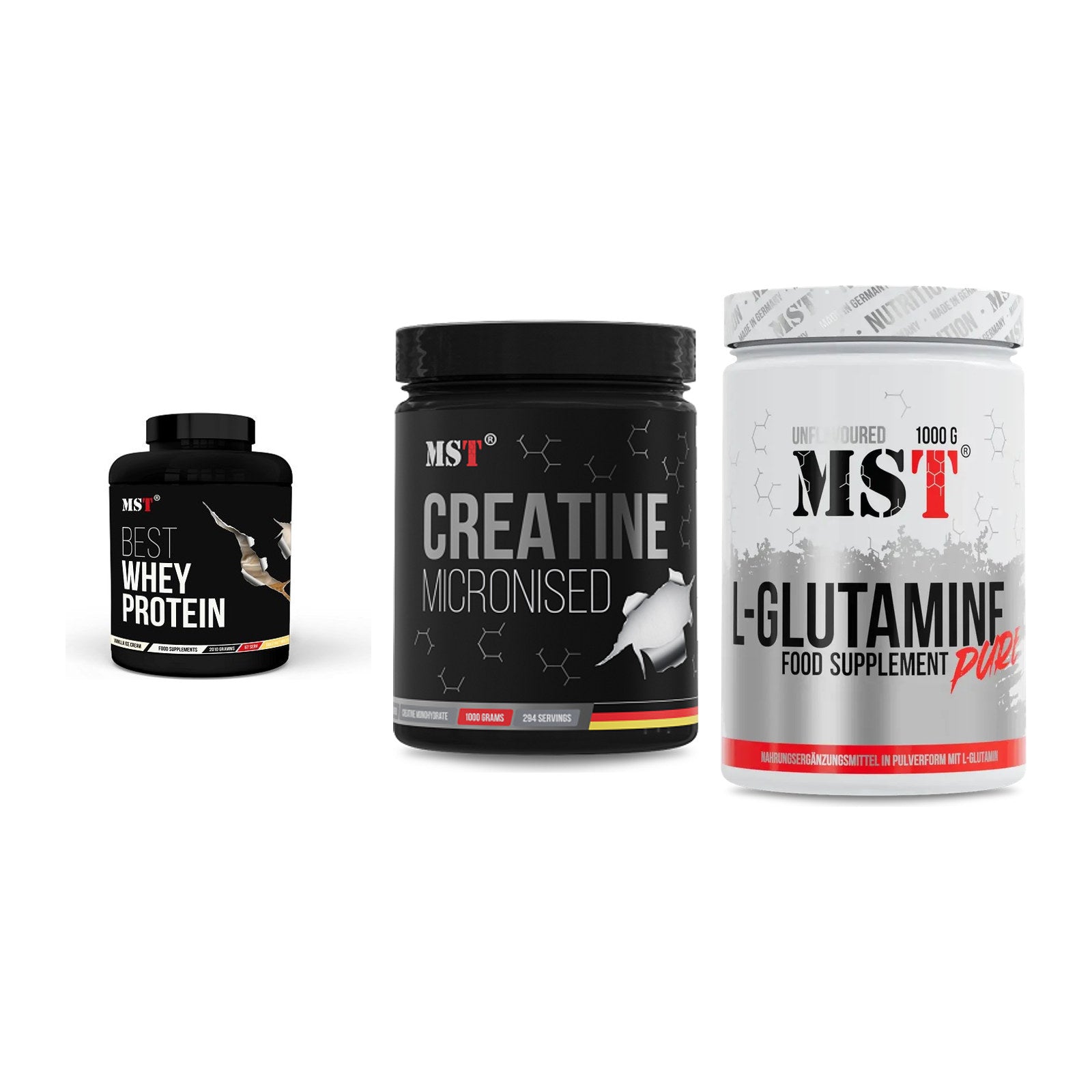 MST Marken-Trio: Best Whey Protein + Creatin Monohydrate + Glutamine – alle enthaltenen Artikel