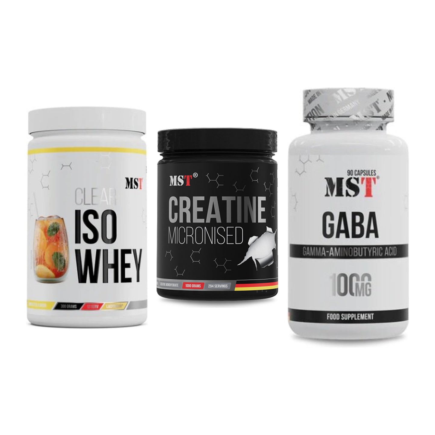 MST Marken-Trio: Iso Clear + Creatin Monohydrate + GABA 1000mg – alle enthaltenen Artikel