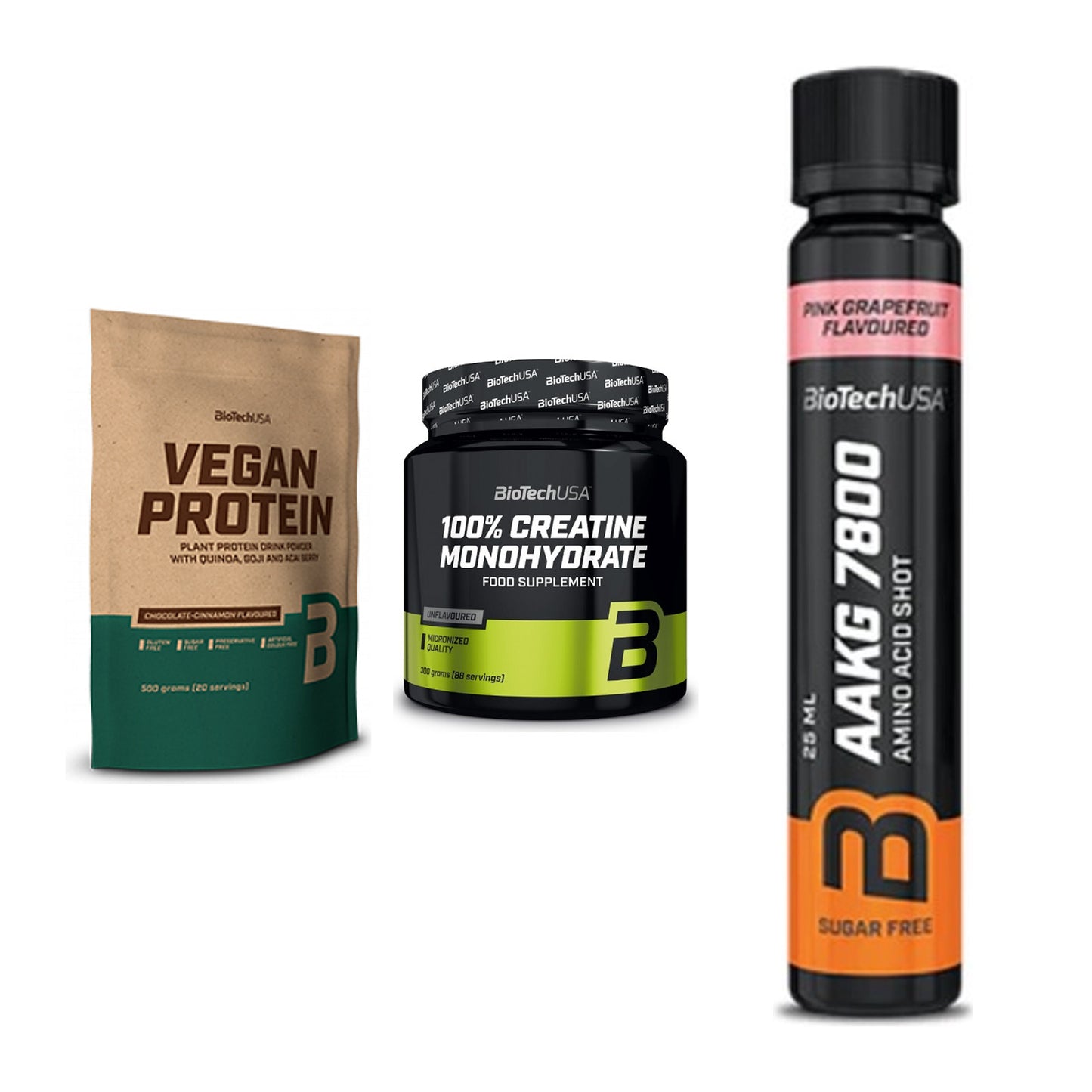 BioTech USA Marken-Trio: Vegan Protein + Creatine + AAKG 7800 – alle enthaltenen Artikel