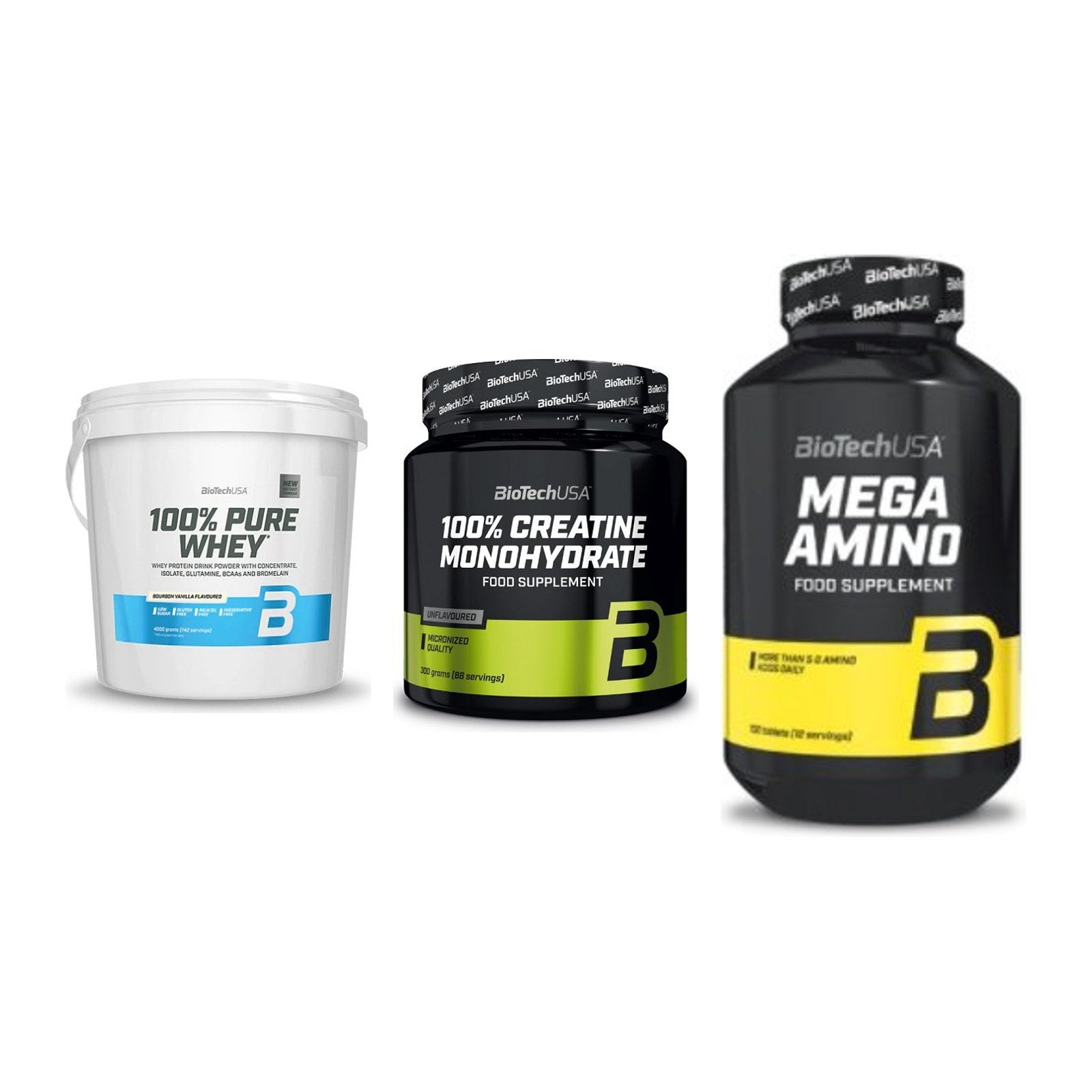 BioTech USA Marken-Trio: 100% Pure + Creatine + Mega Amino – alle enthaltenen Artikel