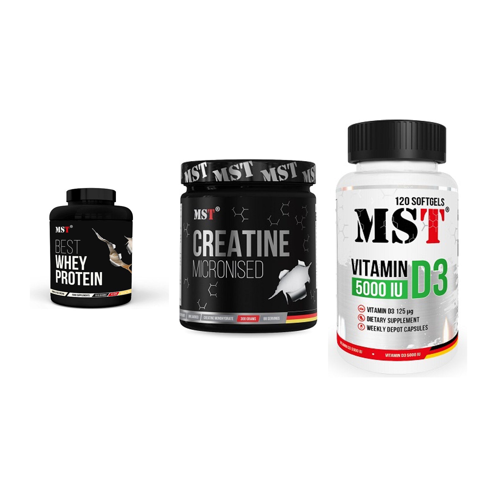 MST Marken-Trio: Best Whey + Creatin Monohyd + Vitamin D3 – alle enthaltenen Artikel