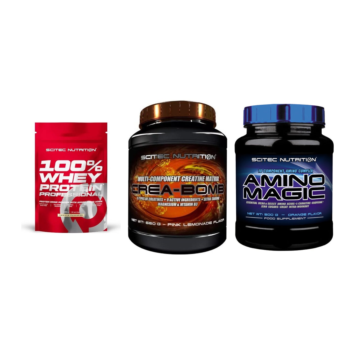 Scitec Nutrition Marken-Trio: 100% Whey + Crea-Bomb + 1 weitere – alle enthaltenen Artikel