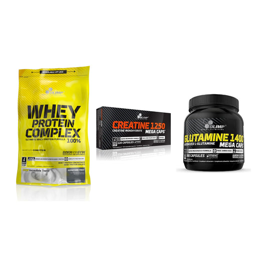 Olimp Marken-Trio: Whey Protein + Creatine Mega + L-Glutamine – alle enthaltenen Artikel